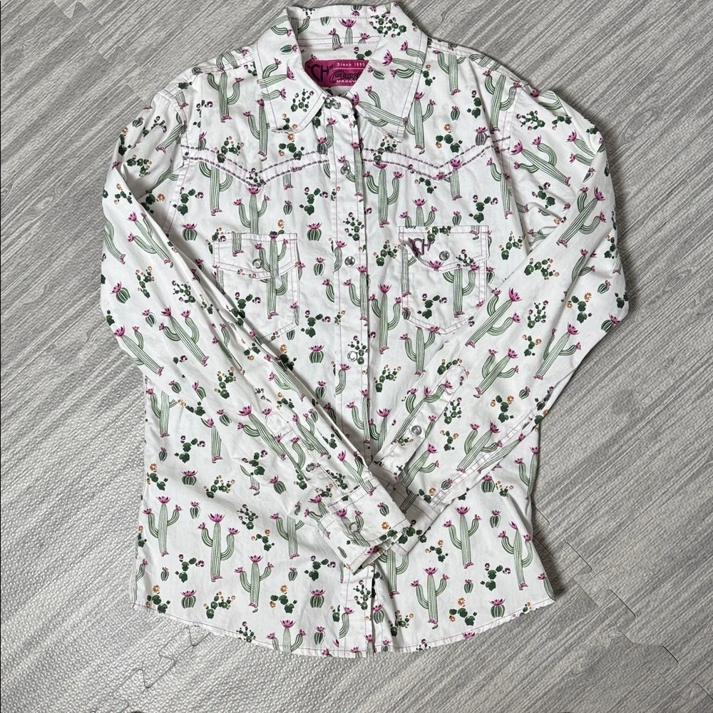 Cowgirl Hardware White and Green Cactus Print Western Shirt Size Large